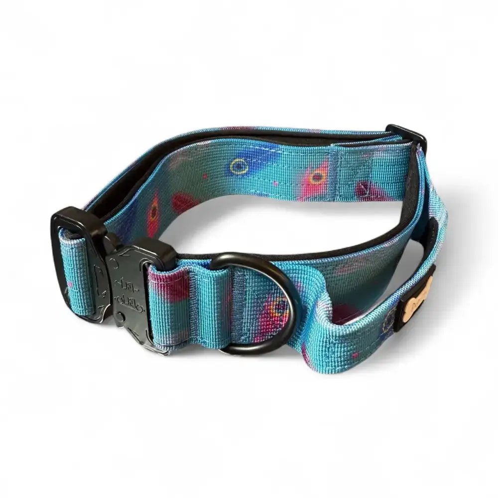 Teal and pink feather-patterned power peacock dog collar with black hardware strong large tactical dog collars