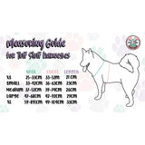Measuring guide for peacock power tactical dog harness showing size charts and illustrated measurements for a fully adjustable dog harness