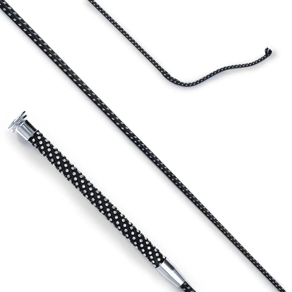 Black whip with rhinestone encrusted preciosa crystal grip handle and chrome ferrules from distinction range dressage