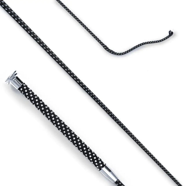 Black whip with rhinestone encrusted preciosa crystal grip handle and chrome ferrules from distinction range dressage