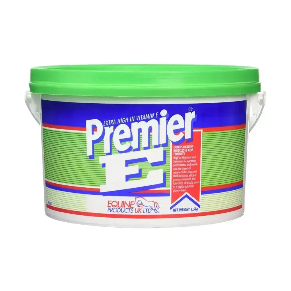 Green-lidded plastic bucket of premier e vitamin e supplement with vibrant blue and red label for horse vitamins and nutritional input