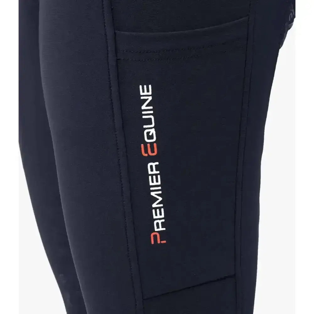 Black premier equine alexa ladies riding tights with subtle textured fabric and vertical white red branding