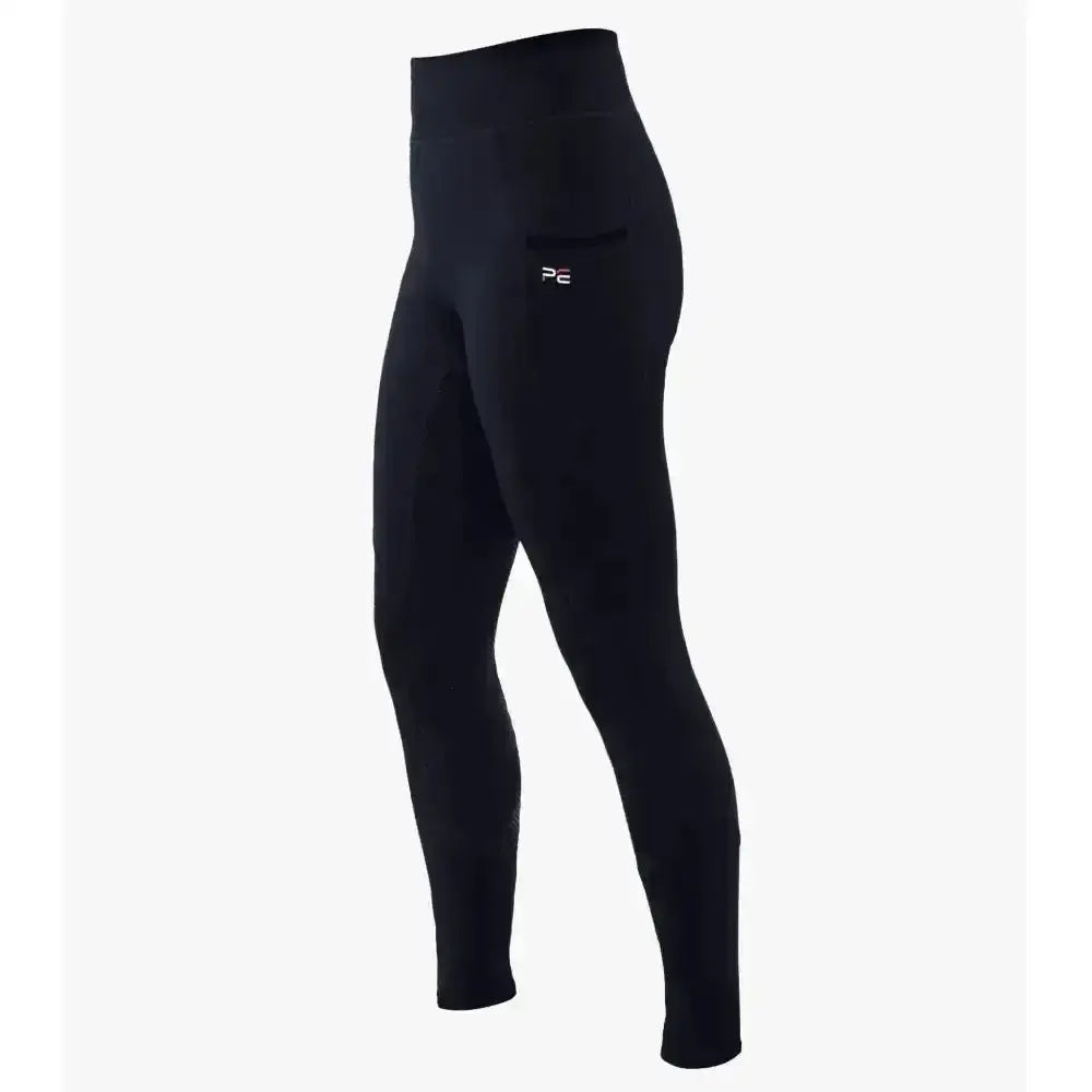 Black premier equine alexa ladies riding tights with high waist and small white logo on thigh made from technically advanced four-way fabric