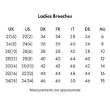 Size conversion chart for premier equine alexa technically advanced four-way ladies riding tights breeches in black text