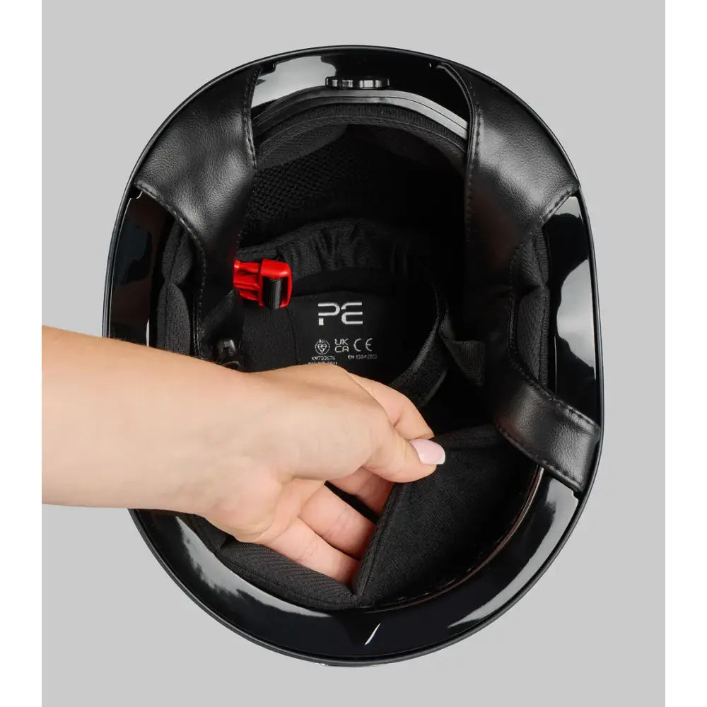 Black glossy equine artemis gloss motorcycle helmet with red adjustment and branded interior padding for riders