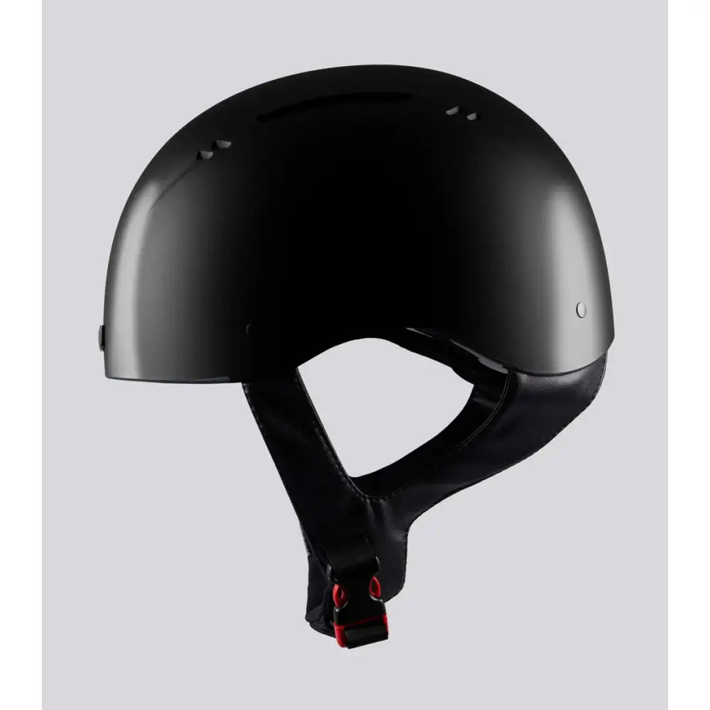 Black matte equine artemis gloss motorcycle helmet with sleek design and red accented chin strap buckle