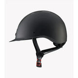 Black matte premier equine endeavour horse riding helmet with sleek design and subtle red accents on chin strap buckle