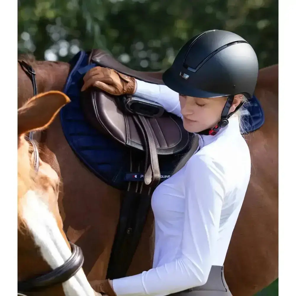 Black premier equine endeavour riding helmet with sleek glossy finish and subtle branding for safe horse riding