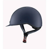 Matte black premier equine endeavour horse riding helmet with sleek design and red accents on adjustable chin strap buckle