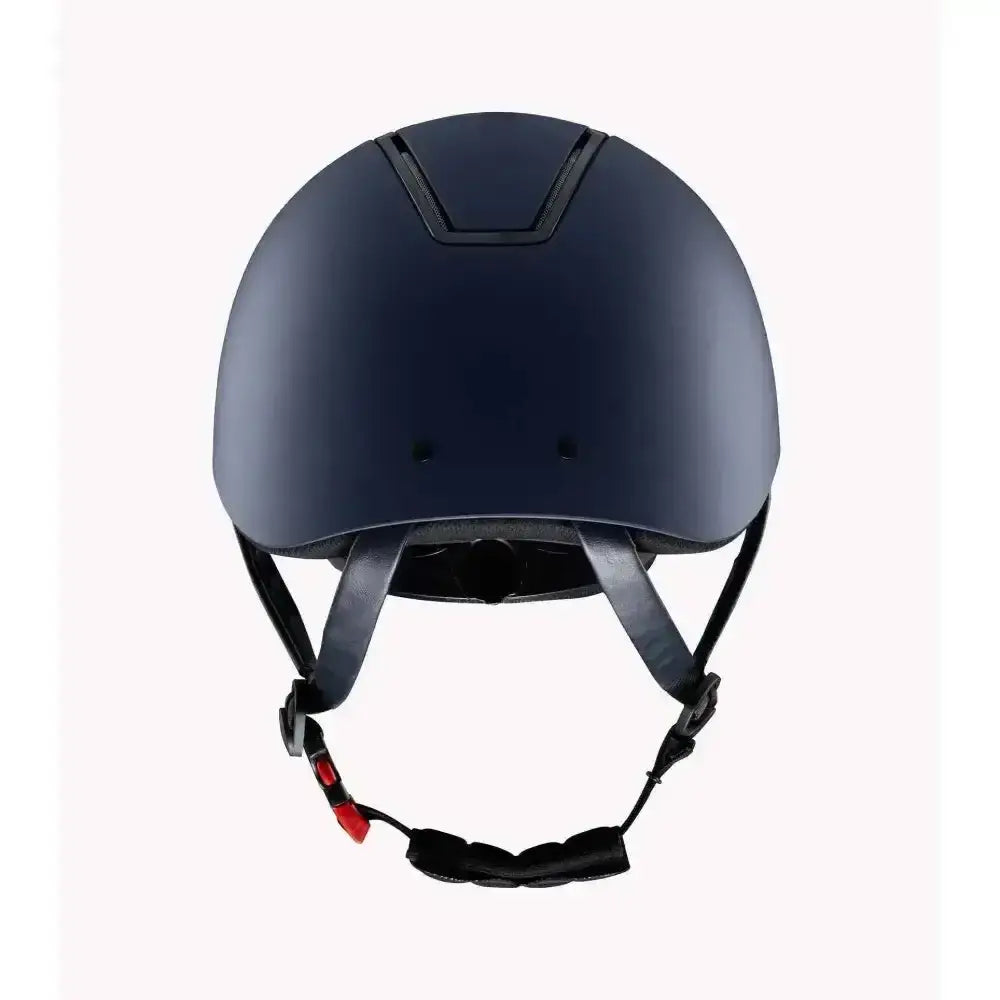 Matte navy premier equine endeavour riding helmet with black straps and red buckle accent for horse riding
