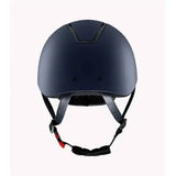 Matte navy premier equine endeavour riding helmet with black straps and red buckle accent for horse riding