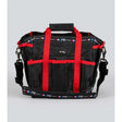 Black and red premier equine grooming kit bag with bold vertical straps and patterned pe logo trim perfect for grooming gear