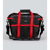 Black and red premier equine grooming kit bag with bold vertical straps and patterned pe logo trim perfect for grooming gear
