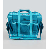 Teal premier equine grooming kit bag with multiple pockets and repeating pe logo pattern accented by red white and blue dots