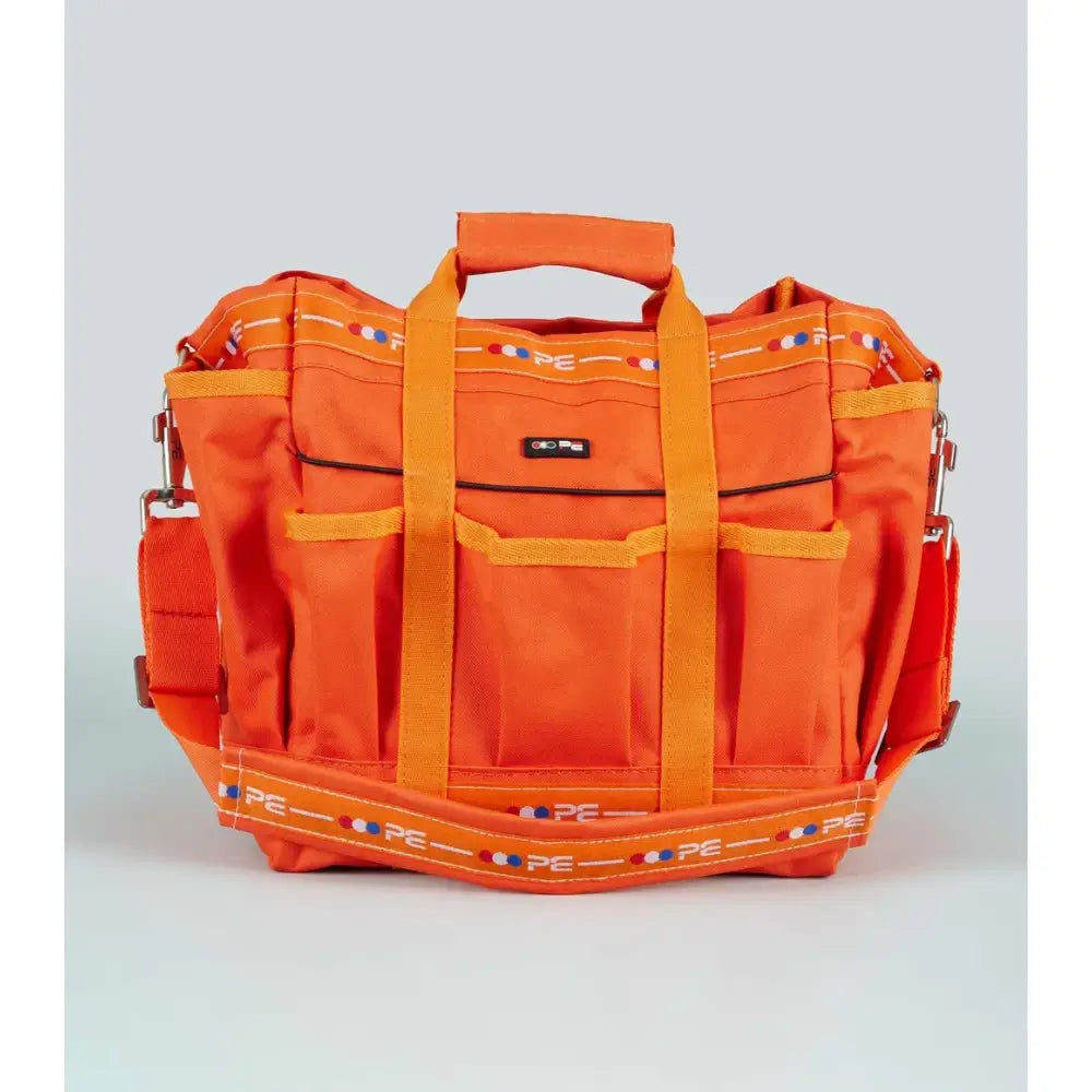 Bright orange premier equine grooming kit bag with pe logo straps and multiple pockets for easy organization