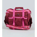 Maroon and pink premier equine grooming kit bag with multiple pockets and adjustable straps for easy use