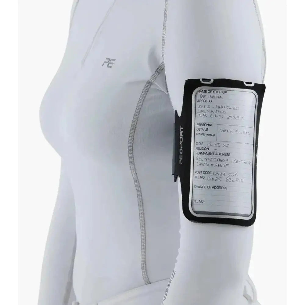 Black premier equine neoprene medical arm band with transparent window showing handwritten personal info