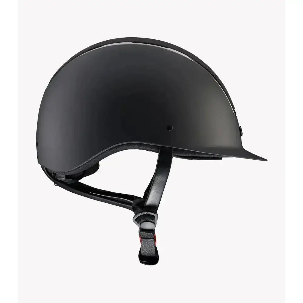 Black matte premier equine odyssey horse riding helmet with sleek design and adjustable chin strap for riding safety