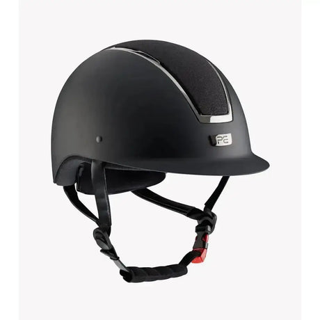 Black equestrian helmet with matte finish silver trim and pe logo for premier equine odyssey horse riding