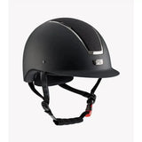Black premier equine odyssey horse riding helmet with matte finish silver trim and small pe logo on the side