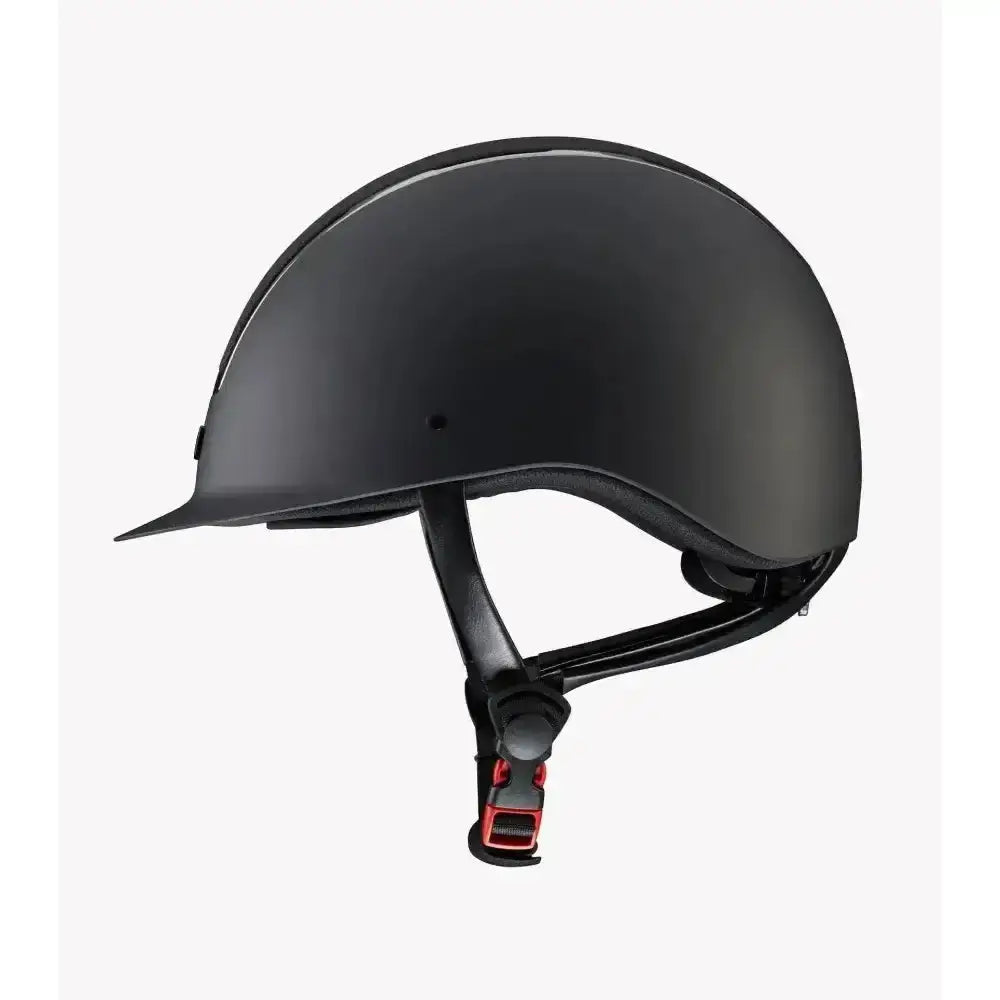 Black matte finish premier equine odyssey horse riding helmet with sleek design and red-accented adjustable strap buckle