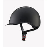 Black matte finish premier equine odyssey horse riding helmet with sleek design and red-accented adjustable strap buckle