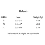 Black text on white background lists helmet sizes and weights for premier equine odyssey horse riding helmet s m and l