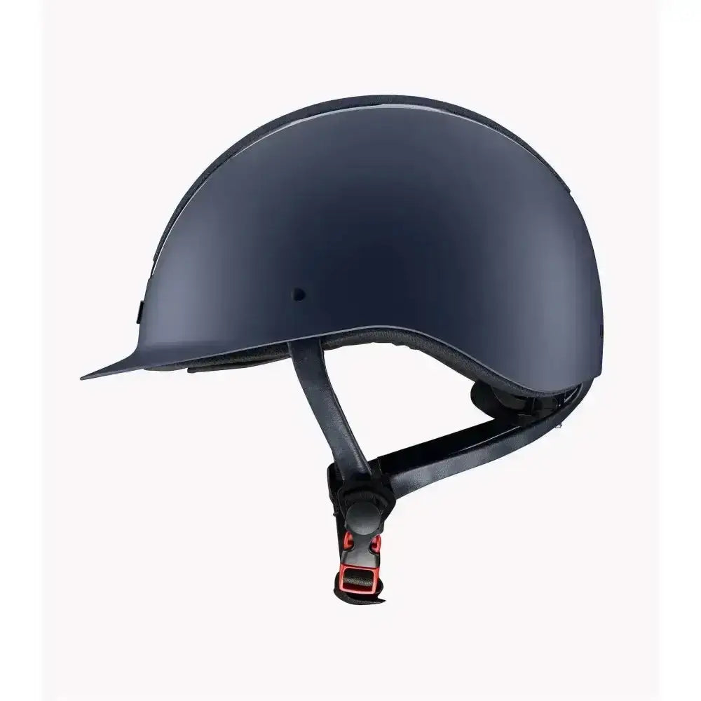 Matte black premier equine odyssey horse riding helmet with sleek design and red accents on adjustable chin strap buckle