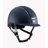 Navy blue matte premier equine odyssey horse riding helmet with silver stripe and pe logo on the side