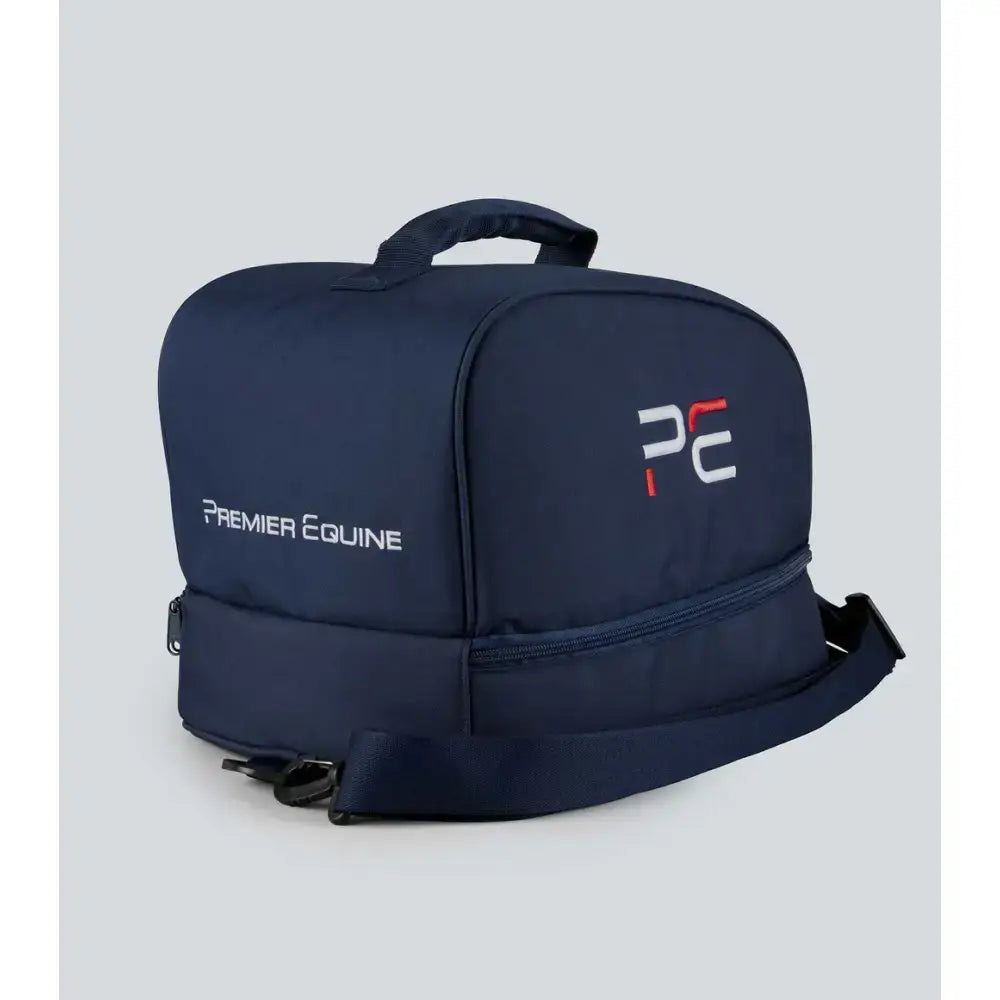 Navy blue premier equine team helmet bag with white and red logo perfect for adjustable riding hats storage