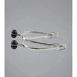 Silver premier equine plastic roller ball spurs with black spherical tips and pie sport engraved on the shaft