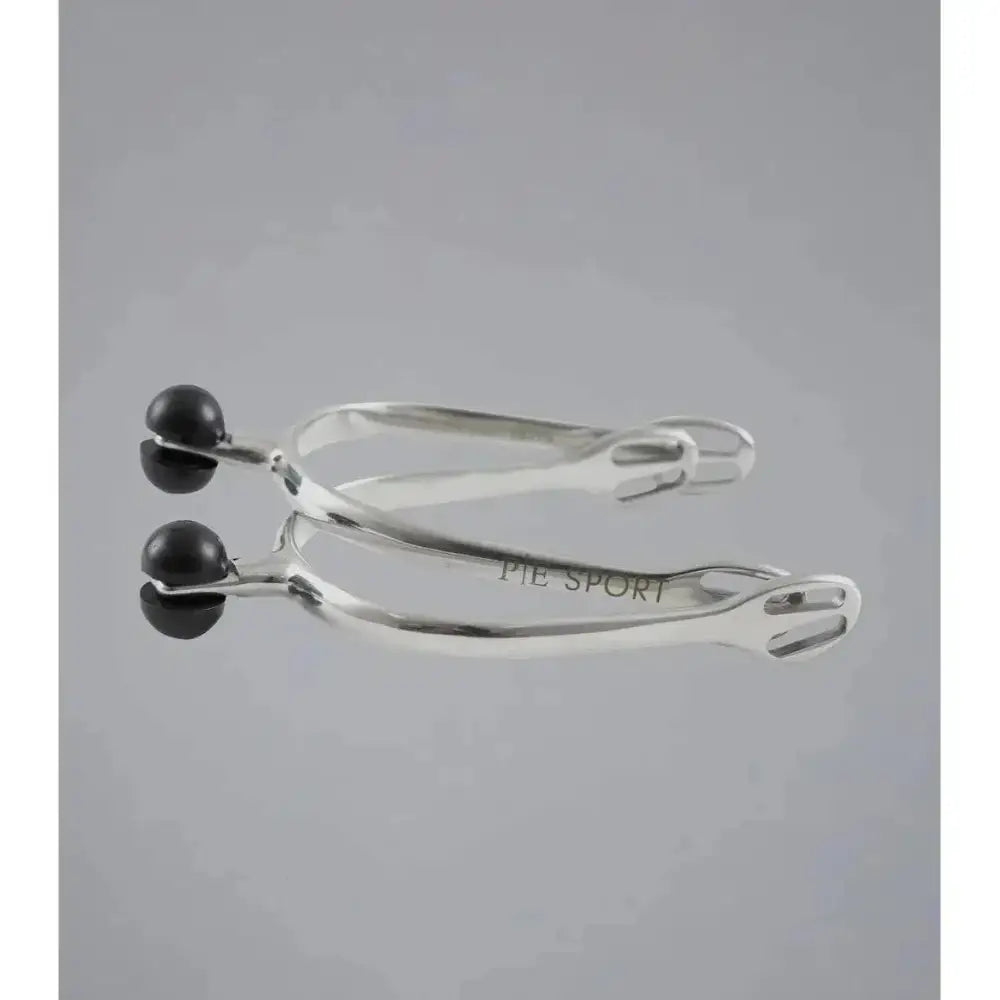Silver premier equine plastic roller ball spurs with black spherical tips and pie sport engraved on the shaft