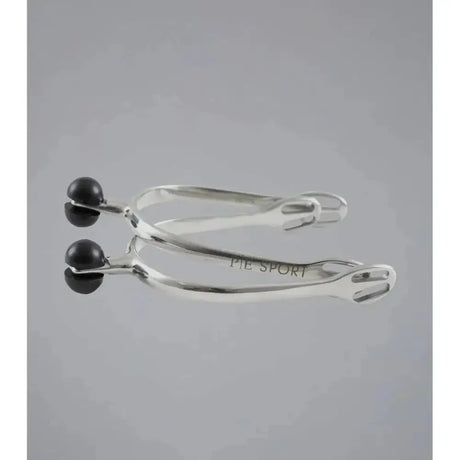 Silver premier equine plastic roller ball spurs with black spherical tips and pie sport engraved on the shaft