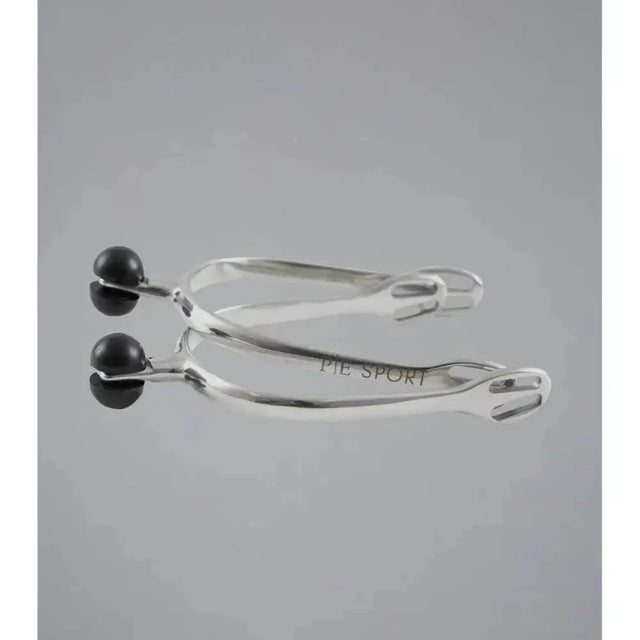 Silver premier equine plastic roller ball spurs with black spherical tips and pie sport engraved on the shaft