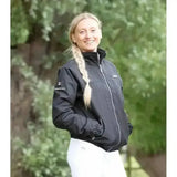Black waterproof riding jacket with silver zipper and premier equine pro rider unisex logo on sleeve