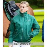 Emerald green premier equine pro rider unisex waterproof riding jacket with high collar and silver zipper