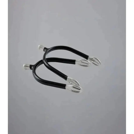 Black and silver horse spur set with sleek curved design featuring premier equine rubber covered bobble spurs