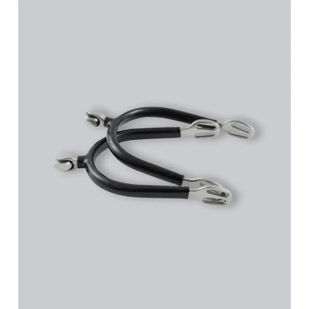 Black rubber coated premier equine covered roller spurs with steel roller balls and adjustable straps for horses