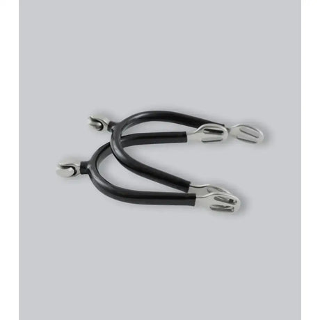 Black rubber coated premier equine covered roller spurs with steel roller balls and adjustable straps for horses