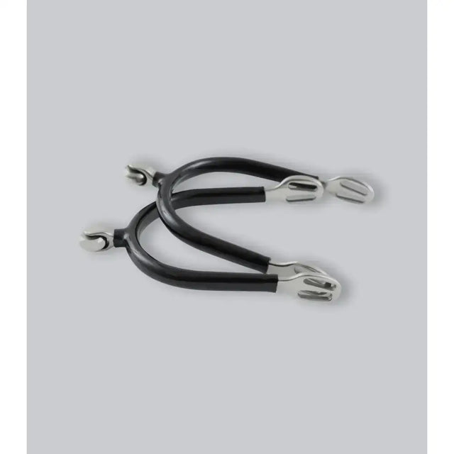 Black rubber coated premier equine covered roller spurs with steel roller balls and adjustable straps for horses