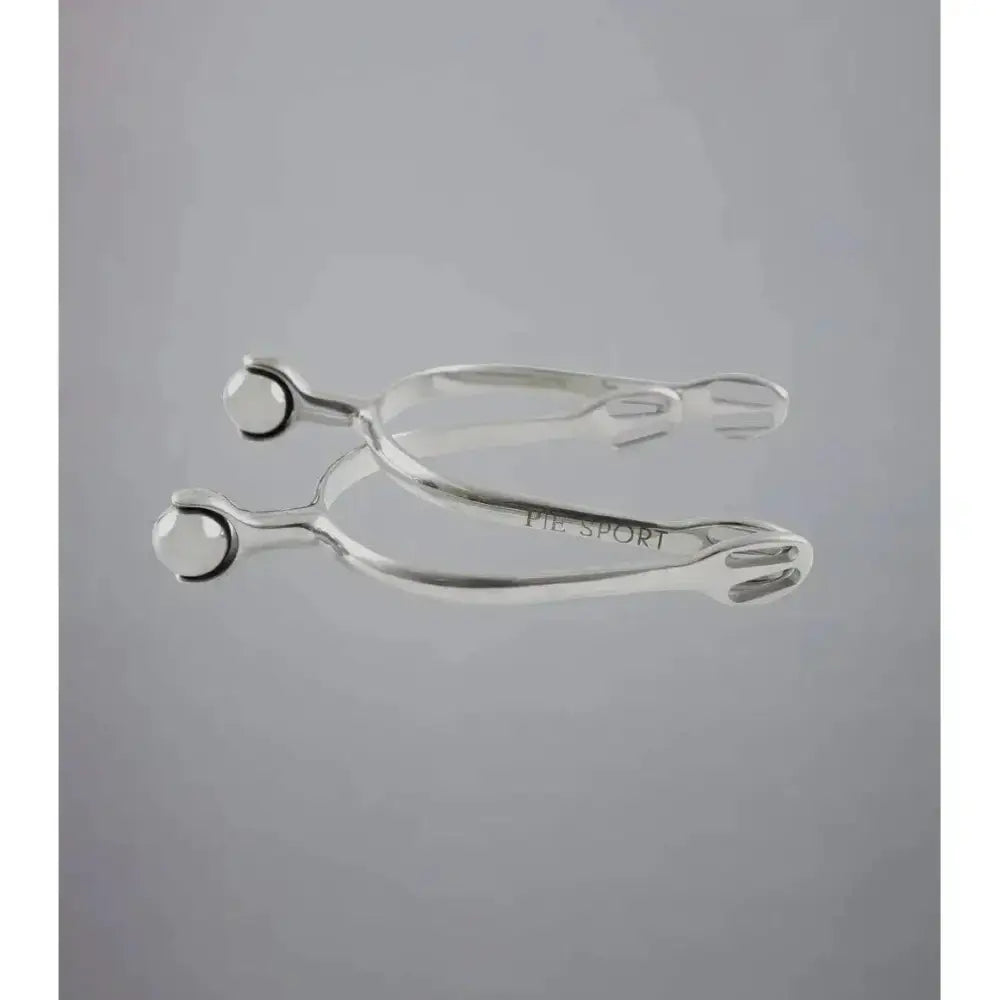 Silver premier equine stainless steel roller ball spur with polished finish and engraved pie sport branding
