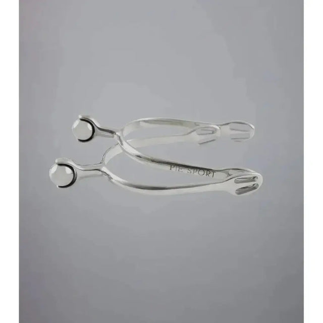Silver premier equine stainless steel roller ball spur with polished finish and engraved pie sport branding