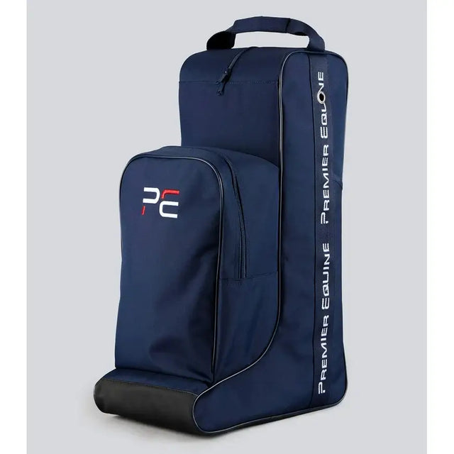 Navy durable poly canvas premier equine team tall boot bag with black base and white logo riding boot bags