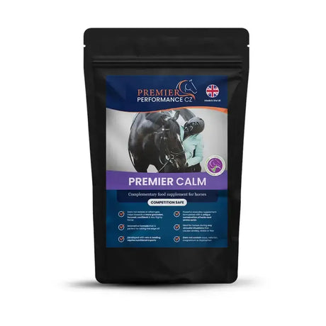 Black resealable pouch of premier performance premier calm horse supplement for competition safe powerful everyday use
