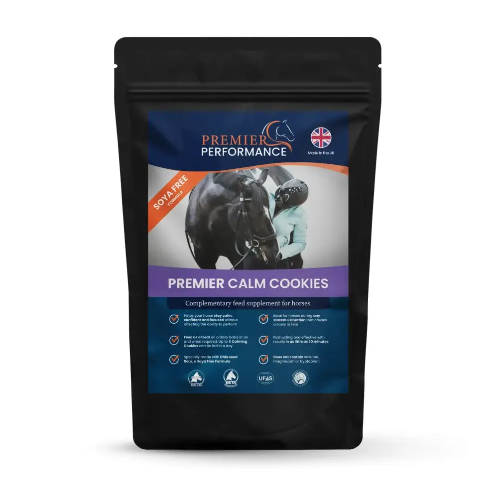 Black resealable pouch of premier performance premier calm cookies a soya-free powerful everyday supplement for horses