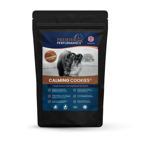 Black resealable pouch of premier performance calming cookies cinnamon horse supplement with rider and horse label