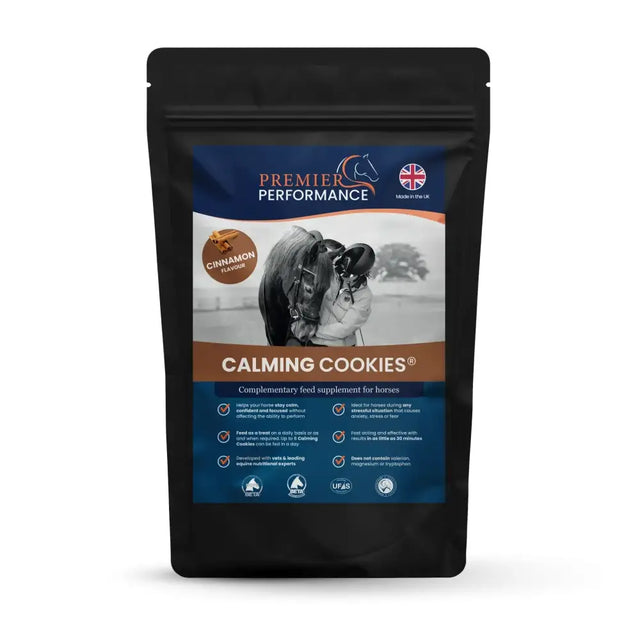 Black resealable pouch of premier performance calming cookies cinnamon horse supplement with rider and horse label