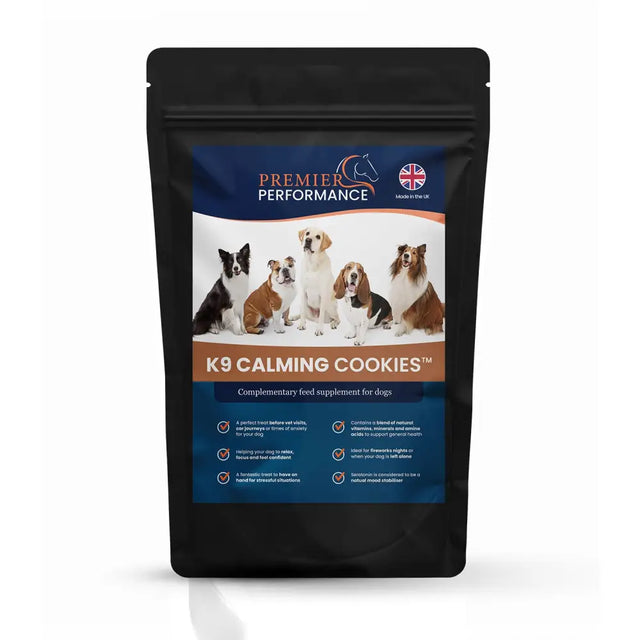 Black resealable pouch of premier performance calming cookies k9 for dogs as a complementary feed supplement