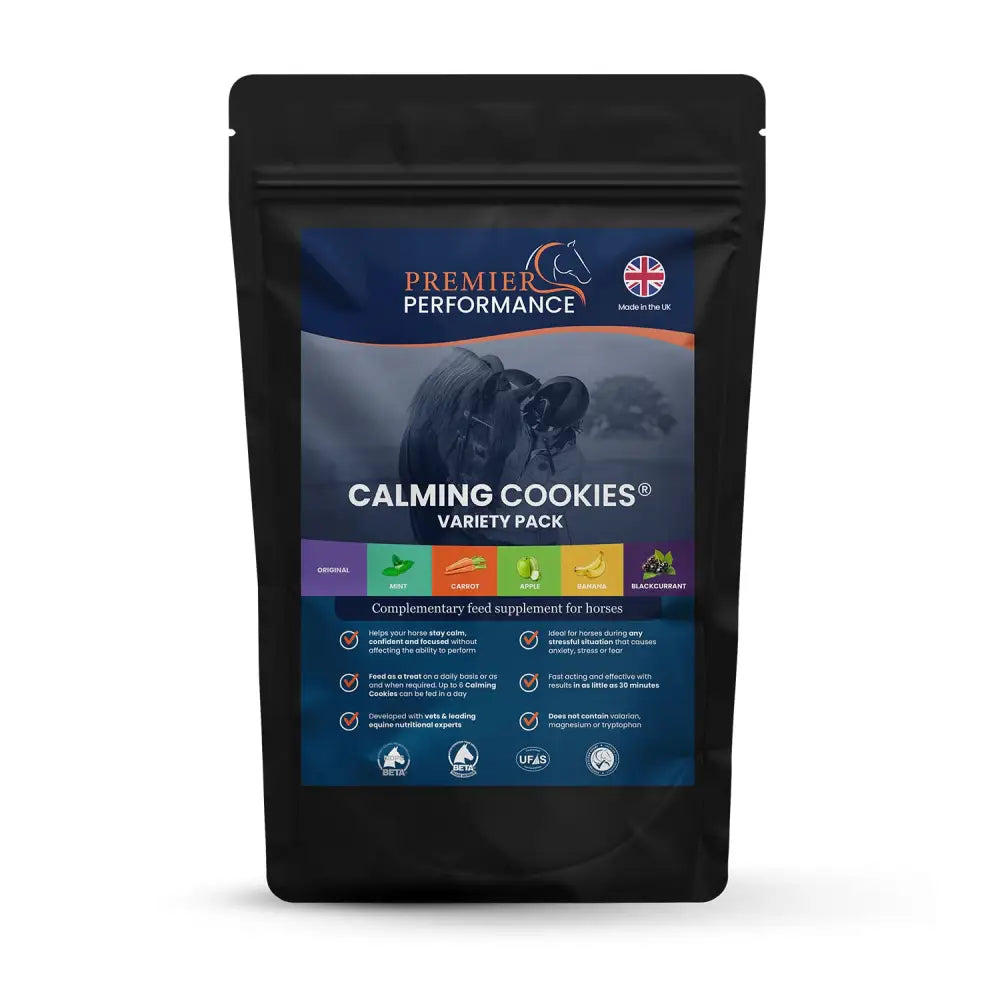 Black resealable pouch of premier performance calming cookies variety pack for horses with calming cookies variety