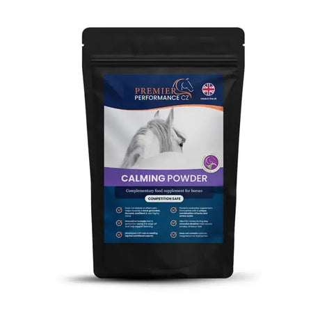 Black resealable pouch of premier performance calming performance calming powder with blue purple label and white horse head